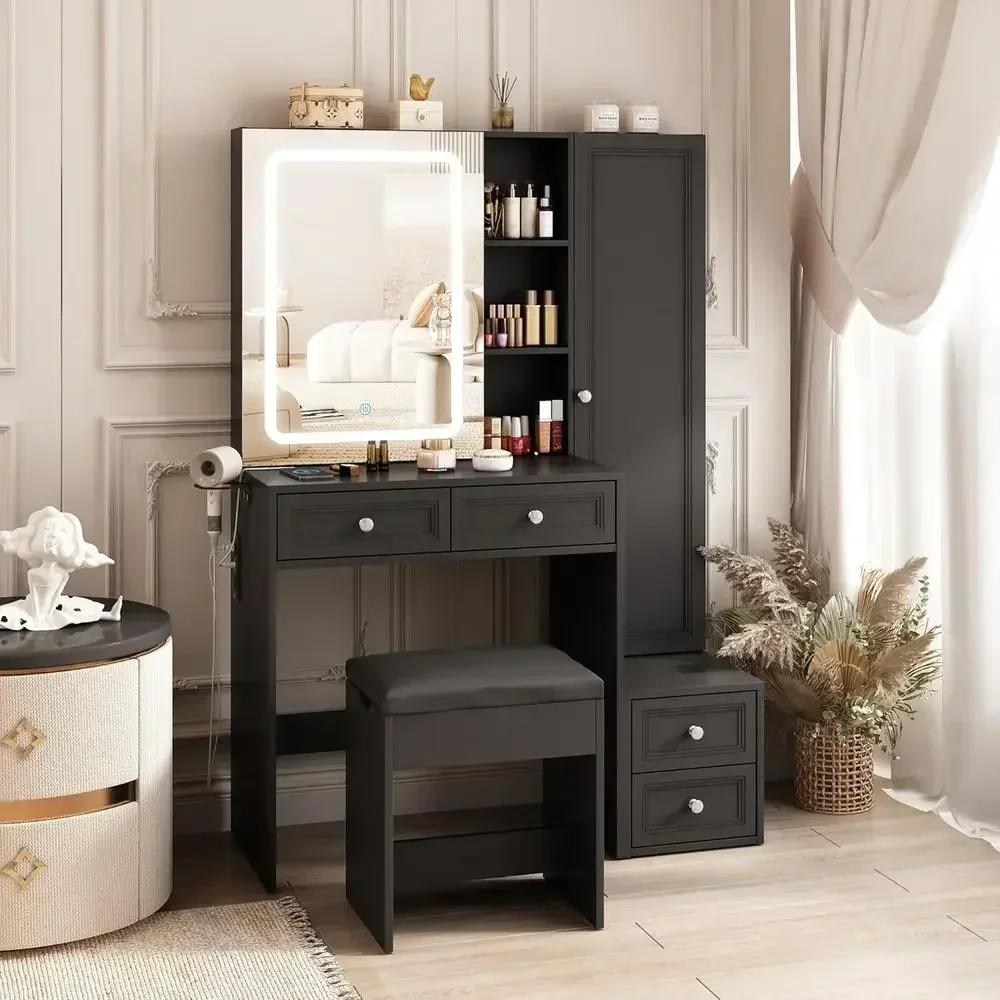LED Lighted Sliding Mirror Vanity Desk with Storage Cabinet, 4 Drawers, Charging Station & Adjustable Brightness, Cushioned Stoo