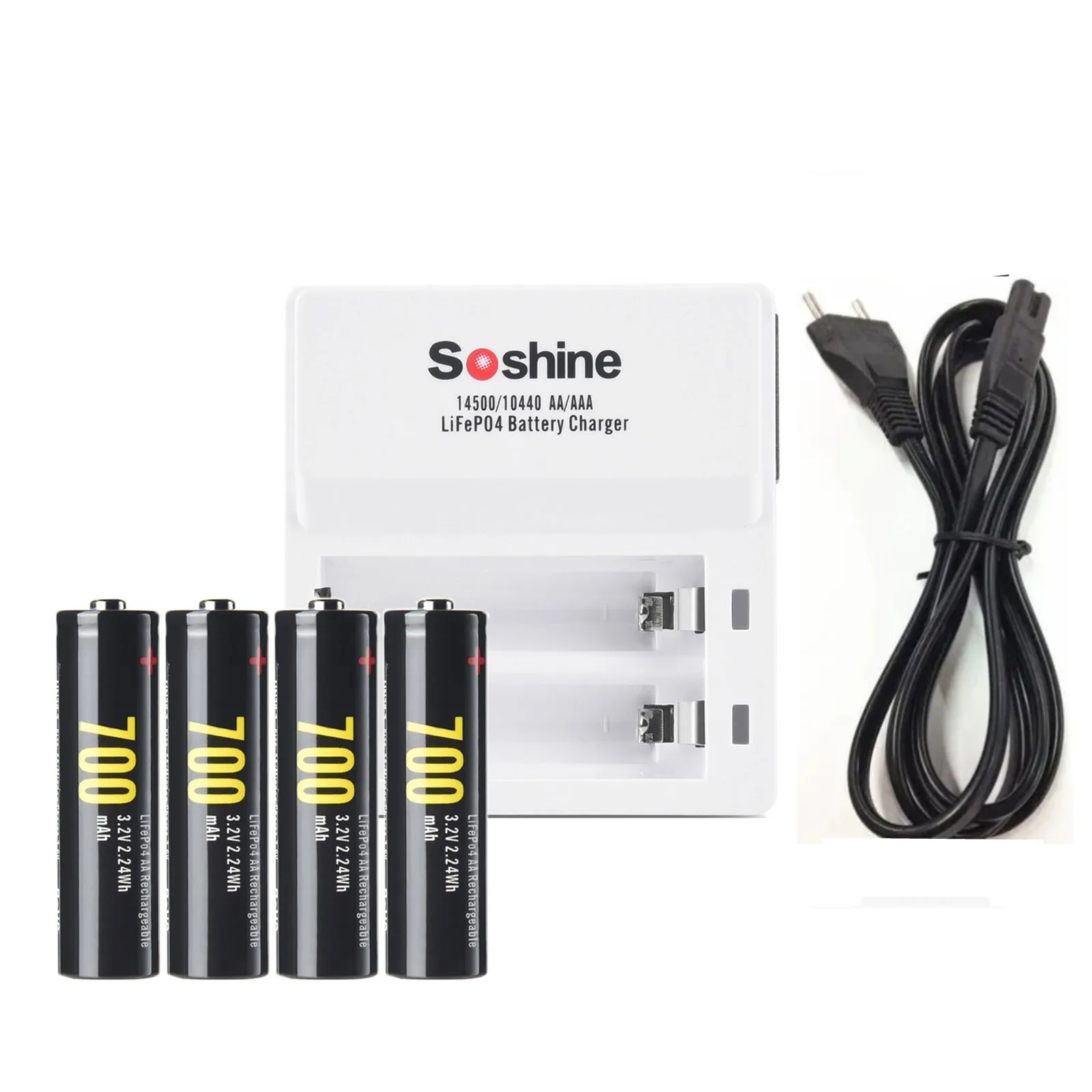 Soshine 4PCS 14500 AA 3.2V 700mAh LiFePO4 Rechargeable Battery with EU Plug Battery Charger F7