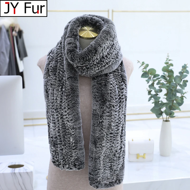 Brand New Real Rex Rabbit Fur Knitted Women\'s Winter Warm Scarf Scarves Wraps Russia Neck Warmer Fashion Luxury Mufflers 170cm