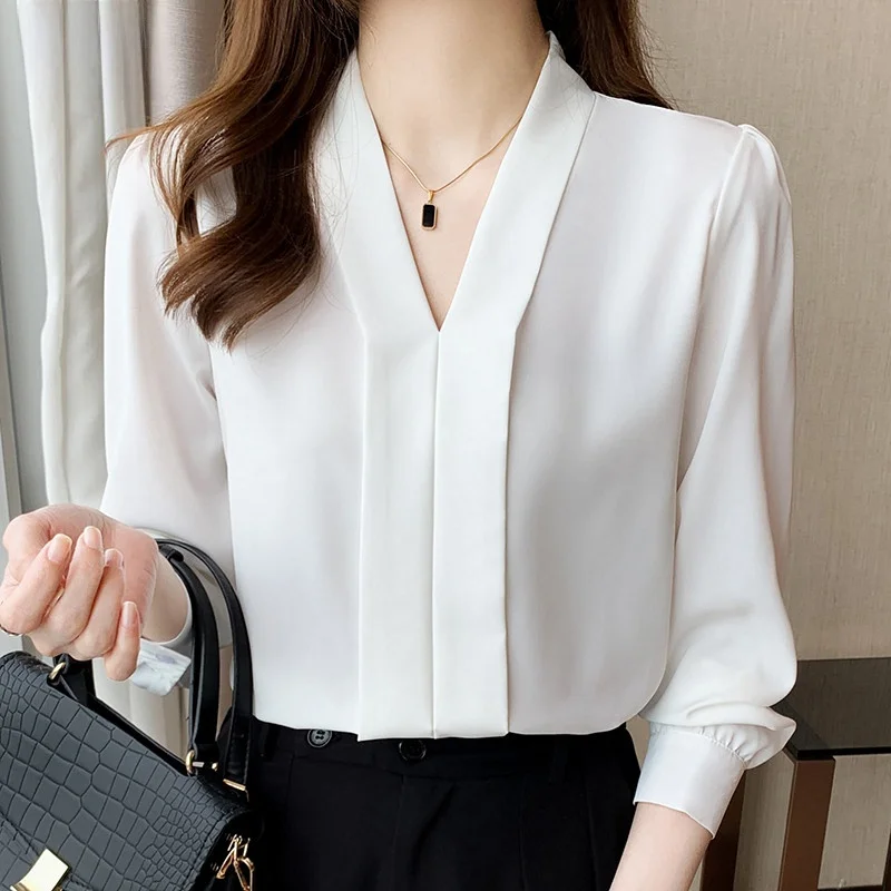 

Новая весенняя женская блузка из атласа с V-образным вырезом, свободного кроя, с длинным рукавом, универсальная, профессиональная, элегантная, для офиса