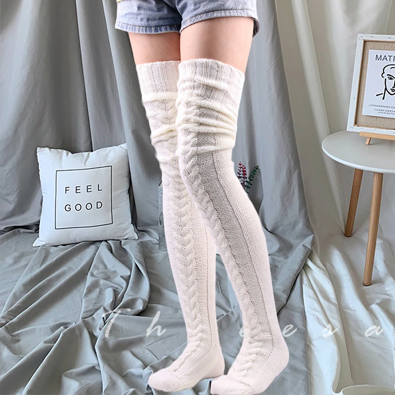 Cute Long Socks Lolita Leg Warmer Knitted Woollen Foot Warmer Stockings Autumn Winter Woman Knee-High Socks Leisure Loose Socks