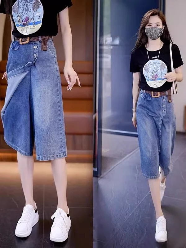 

Summer 2026 A-Line Midi Denim Skirt Casual High Waist Belted Loose Trendy Fashionable Ladies Jeans Partial Body Skirt