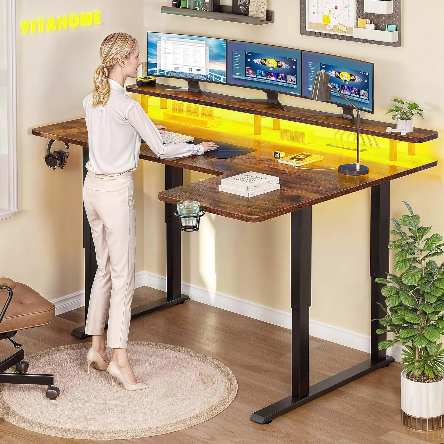 

L Shaped Standing Desk with Power Outlets & LED Lights, 71 x 43 Inch Height Adjustable Electric Standing Desk with Monitor Stand