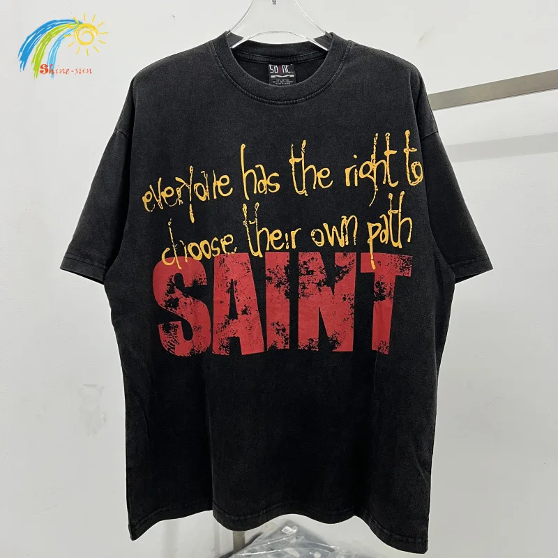 Letters Full Printing Streetwear Oversized Tee Tops High Quality T Shirt Vintage Washed Black Saint T-Shirt For Men Women