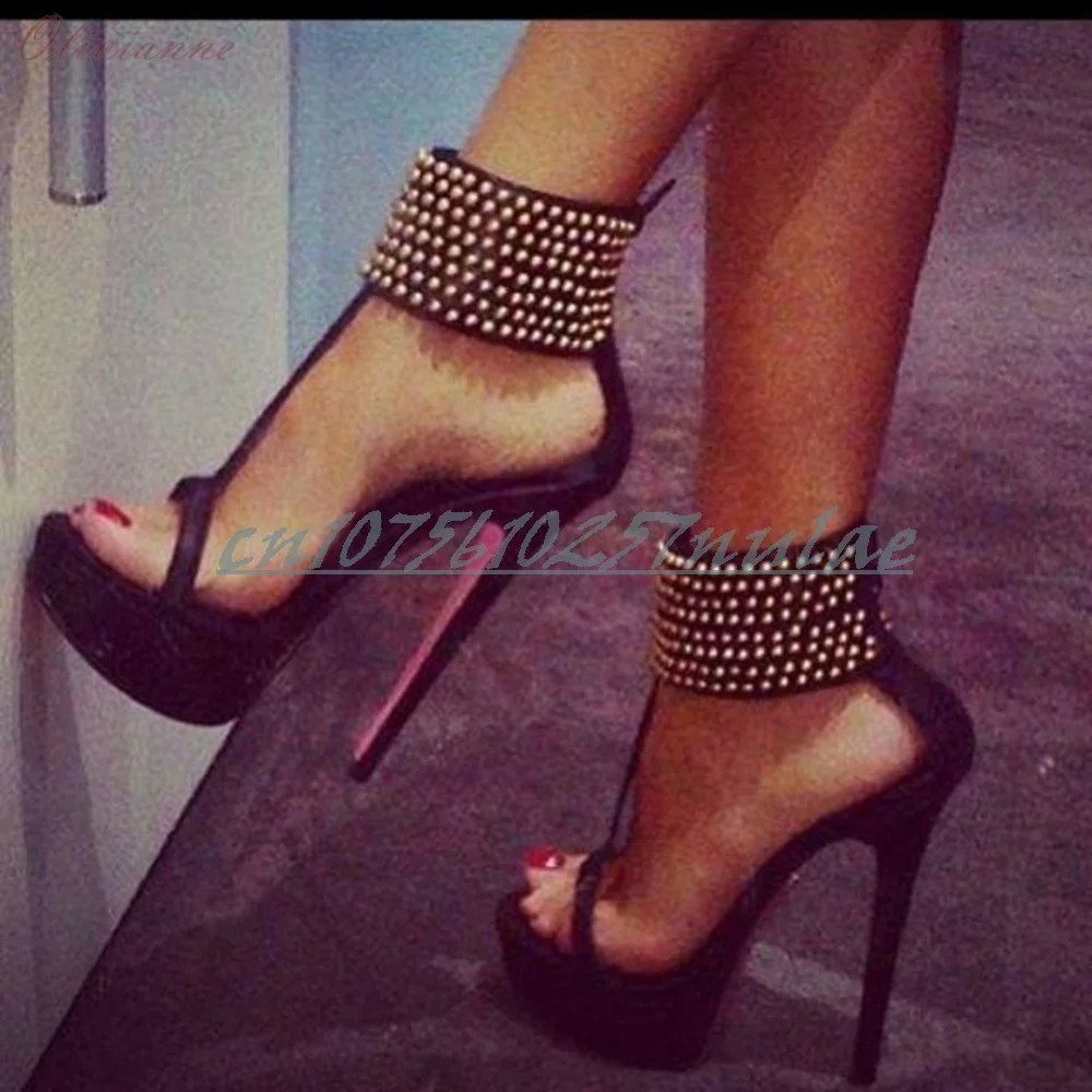 

Ankle Round Rivets Decor T-Strap Sandals Black Platform Stiletto High Heels Fashion Party Nightclub Women Shoes Fashion Sexy