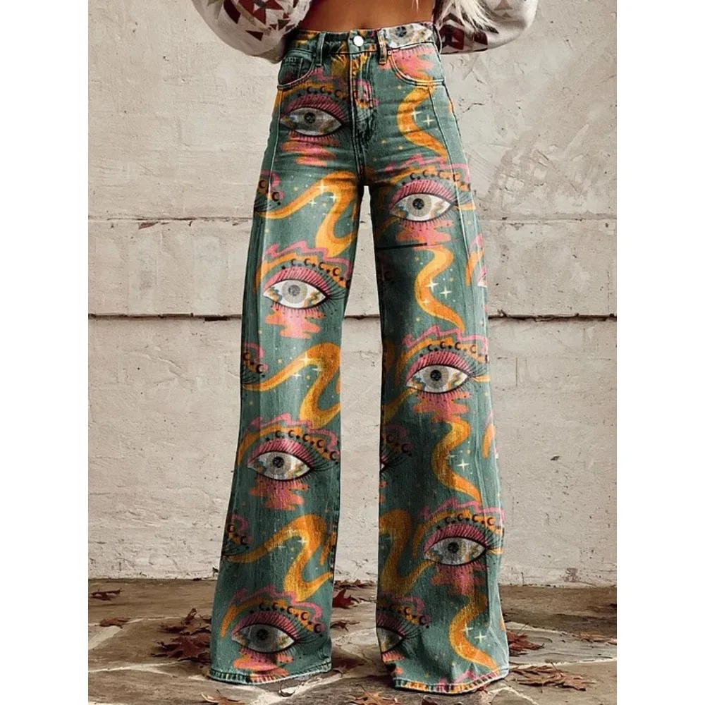 Y2K Ästhetik: Himmelblau-Sonnen-Mond-Stern-Print High-Waist Wide-Leg-Hose für Damen – Grunge Streetwear Lässige Loose-Fit-Hose Übergröße – Detail 7