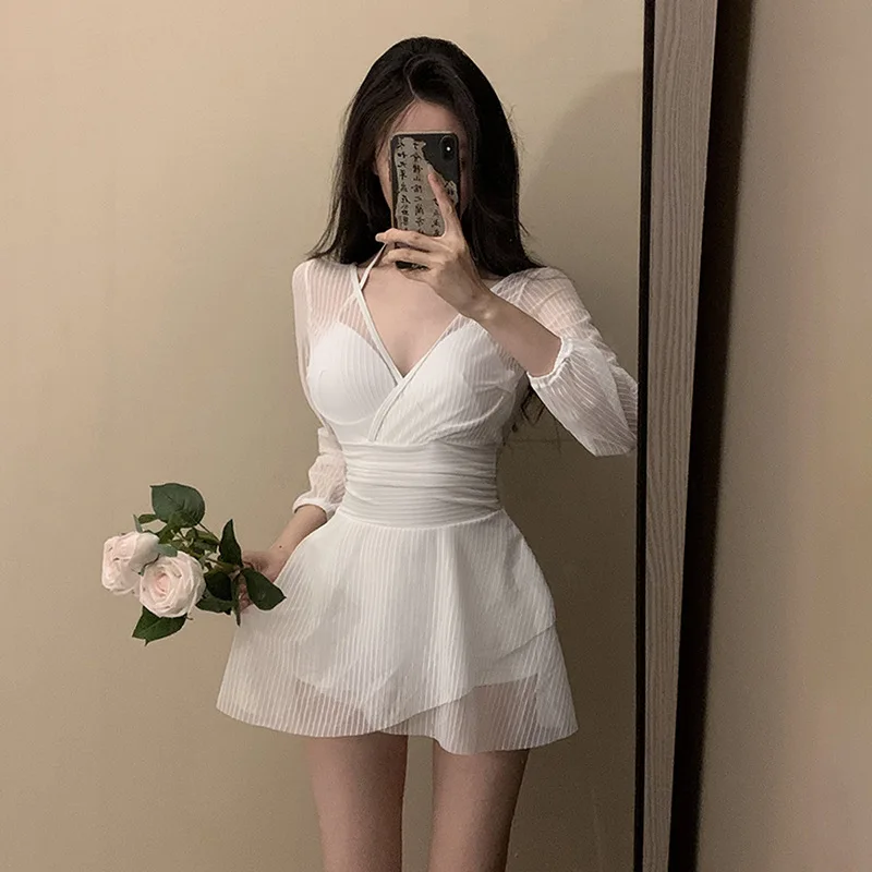 Swimsuit Women's One-piece Dress Style Conservative Belly-covering and Slimming Hot Spring Long-sleeved Sun Protection Vacation
