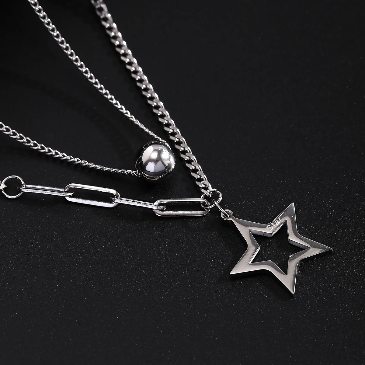 Salircon Titanium Steel Casual Star Pendant Necklace Men\'s Trend Double-layer Link Chain Short Necklace Punk Hip-hop Jewelry