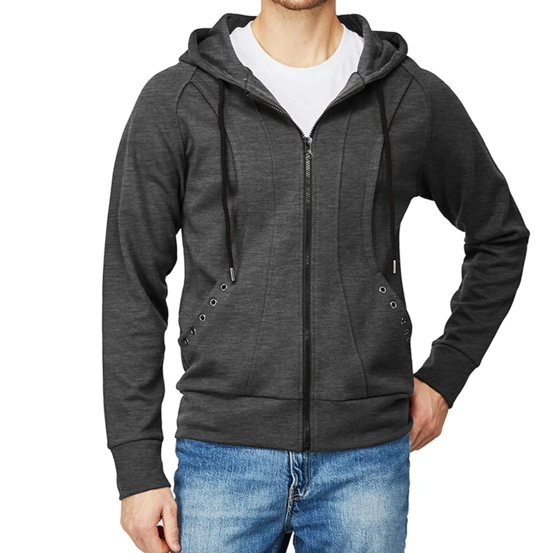 

Men Casual Full Zipper Hooded Sweatshirt Lightweight Long Sleeve Plaid Jacquard Drawstring Jacket with Pockets