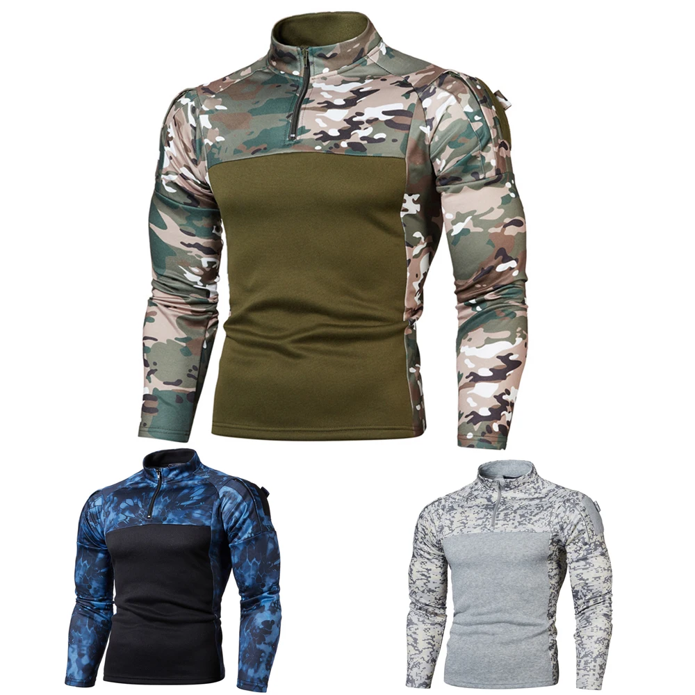 

Outdoor Fitness Camouflage Jogging Men's Long Sleeve t-Shirt Military Army Style High Collar Sportswear Rashguard Gym Cloth