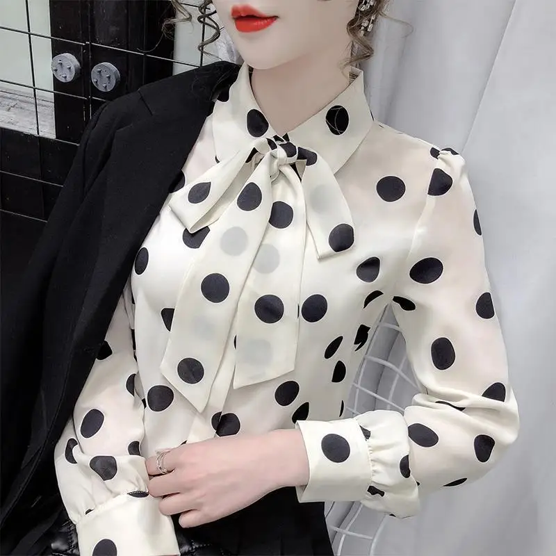 Women\'s Polka Dot Print Bow Elegant Chic Sweet Button Up Shirt Spring Autumn Casual Long Sleeve Office Ladies Blouse Top Blusas