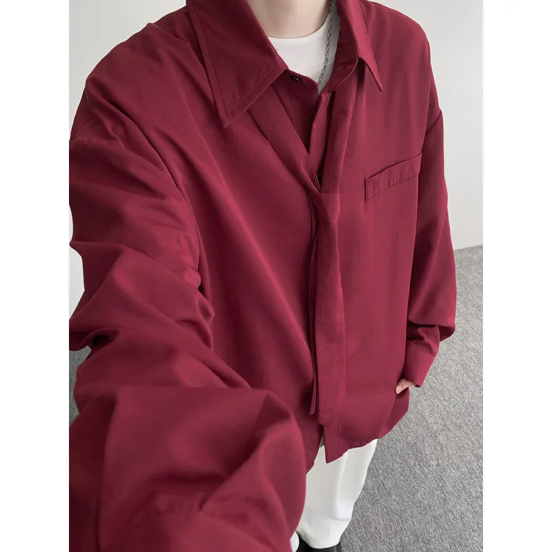 

Red Long Sleeve Men's Shirt with Sash Cool Style Retro Drape Artistic Feel Polyester Fiber Standard Fit Four Seasons Universal