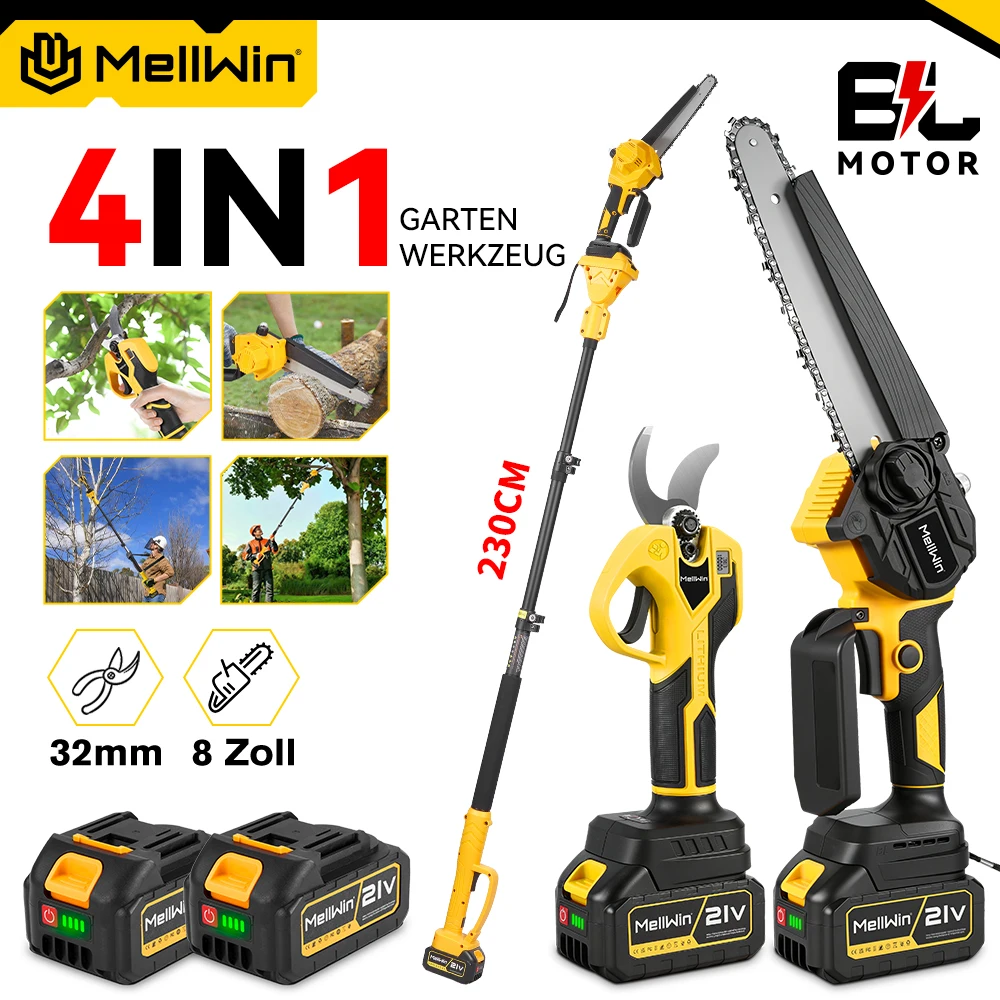 MELLWIN Bürstenlose 4-in-1 8-Zoll-Kettensäge & 32-mm-Gartenschere Set mit 185 cm Teleskopstange Gartenpflegewerkzeug für Makita 18V Akku
