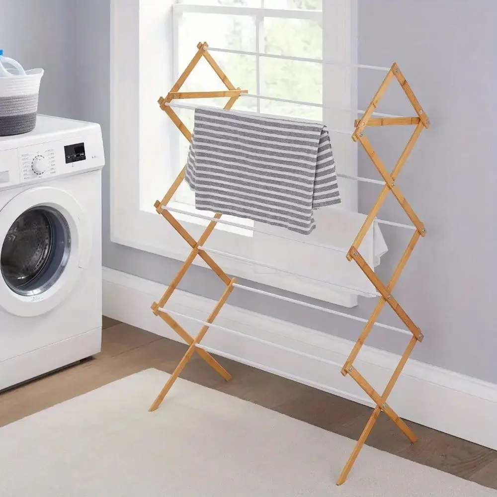 

Space-Saving Collapsible Bamboo Laundry Drying Rack, portable and foldable, easy to store