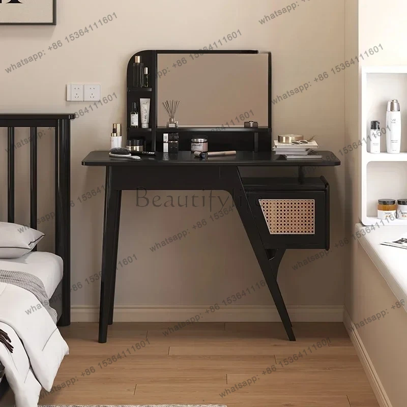 

yj32 Nordic rattan solid wood dresser Japanese black small apartment modern simple makeup table