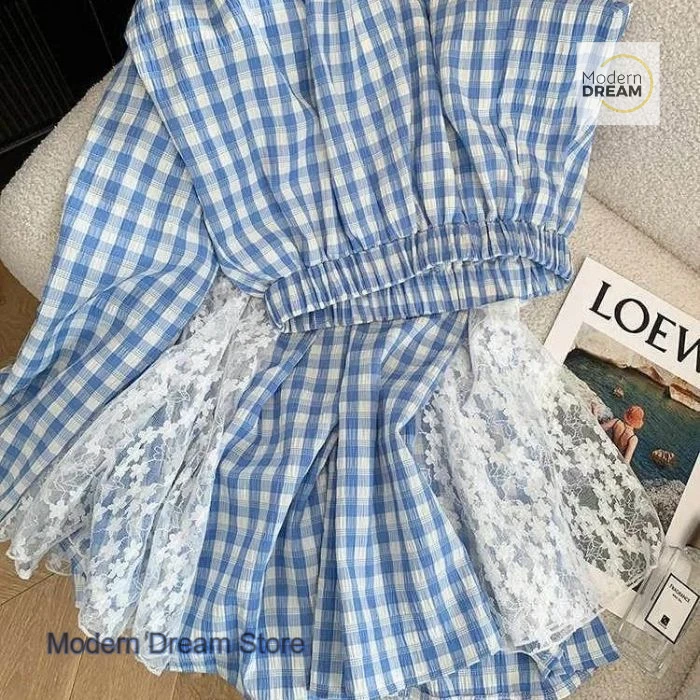 

Korean style sweet lace stitching blue plaid skirt women's summer new fashion temperament design elastic waist casual dress.