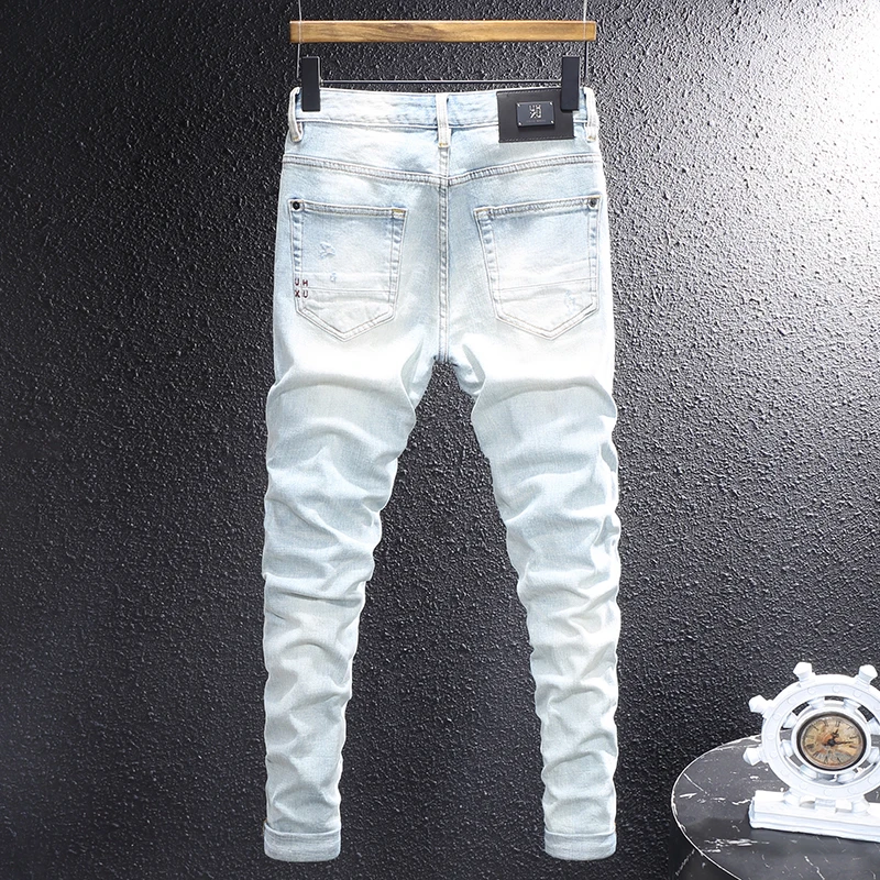 Street Designer Fashion Men Jeans Retro Light Blue High Quality Stretch Slim Ripped Jeans Men Hole Patched Vintage Denim Pants