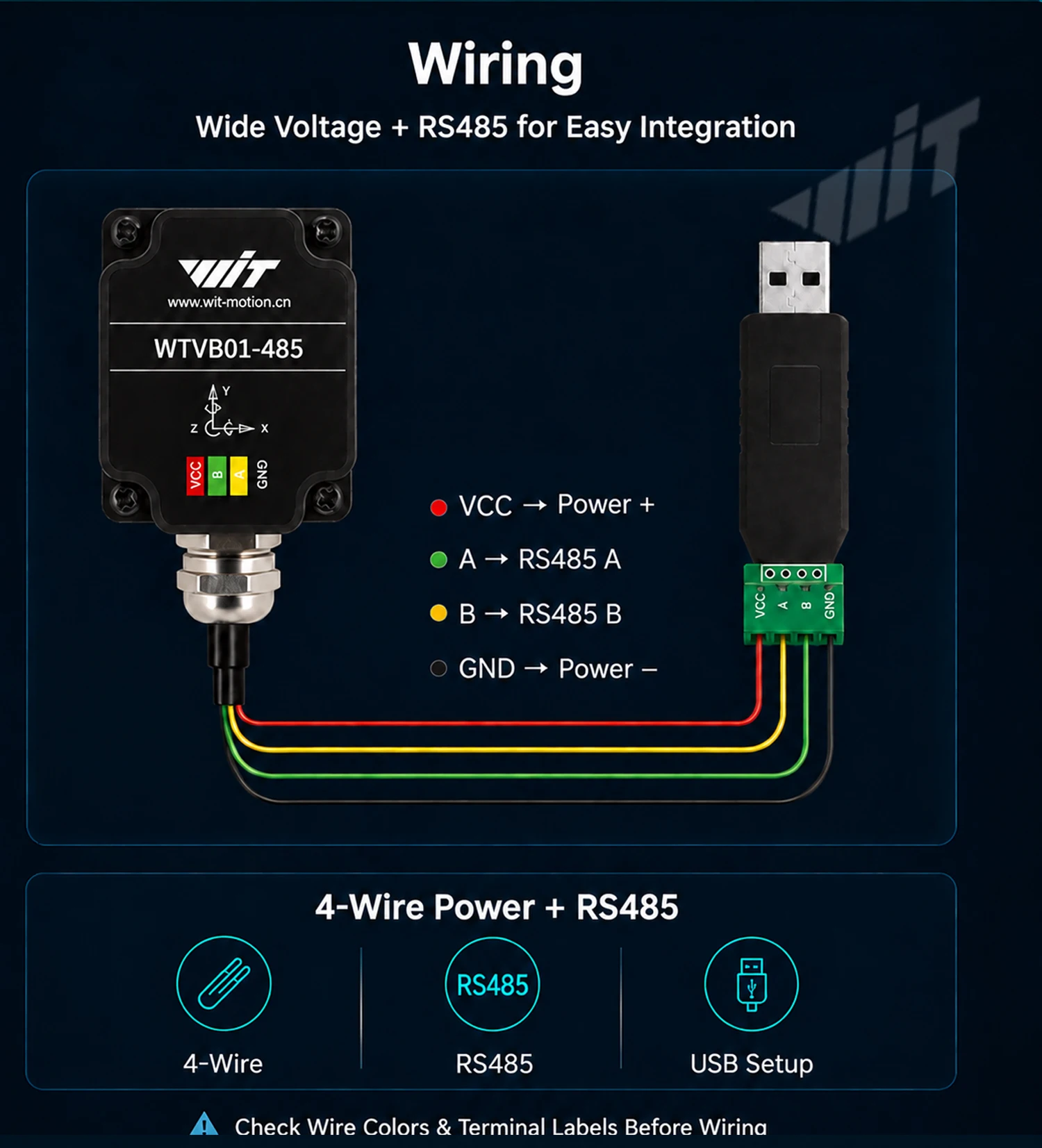 WitMotion WTVB01-485 Arduino Vibration Sensor,3axis IP68 Modbus Vibration Analyzer(Vibration Acceleration/Speed)for PLC & Python