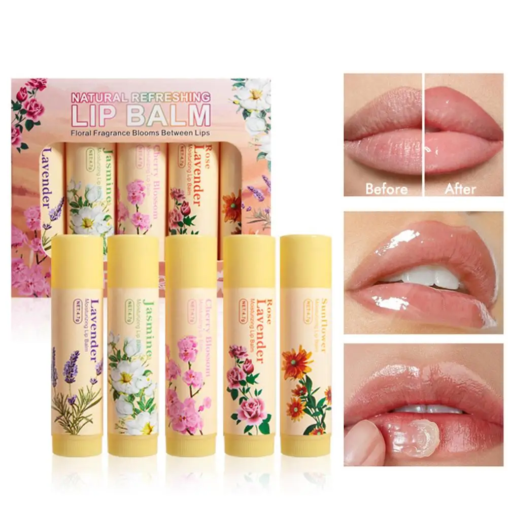 Juego de bálsamo labial de flores, 5 uds., rosa y crisantemo, perfumado, nutritivo, hidratante, cuidado de los labios, maquillaje en barra