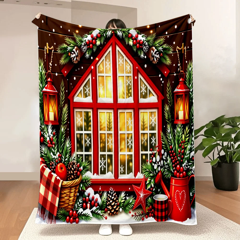 1PC Christmas Cottage Window Print Blanket-Made of soft plush flannel, perfect for the sofa or bed. Ideal for Christmas decorati