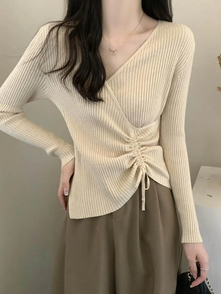 Slim Fit V-Neck Knitted Sweater Women's Inner Wear Tunic Top with Drawstring Autumn Winter Fashion Casual Long Sleeve Crew Neck