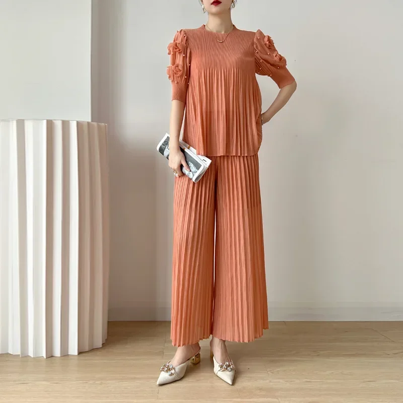 Miyake Pleated Summer 2023 Temperament Two Piece Set Slim Nail Beads Short Sleeve Top Loose Casual Wide Leg Pants Set