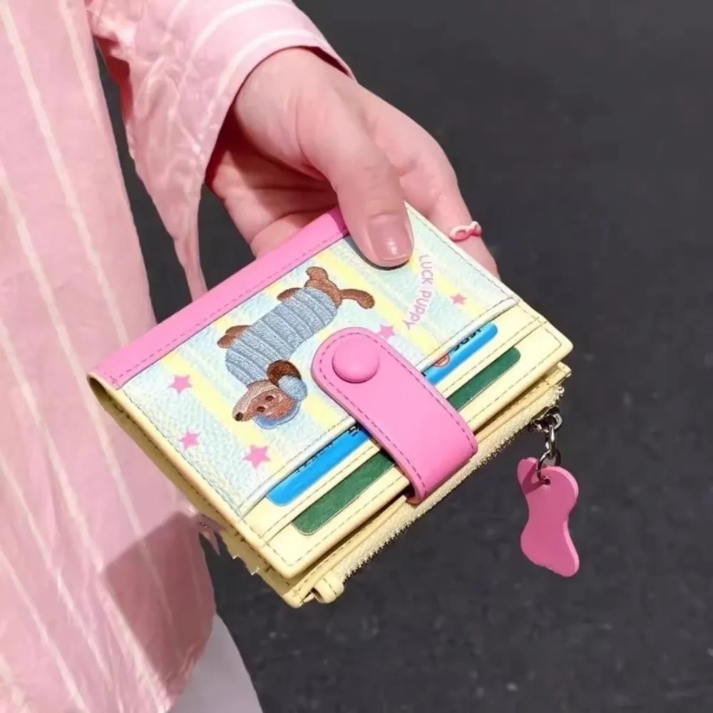 Korean Style Dachshund Embroidery Short Wallet Dopamine Color Cartoon Dog Card Bag Zipper PU Coin Purse Women Girl