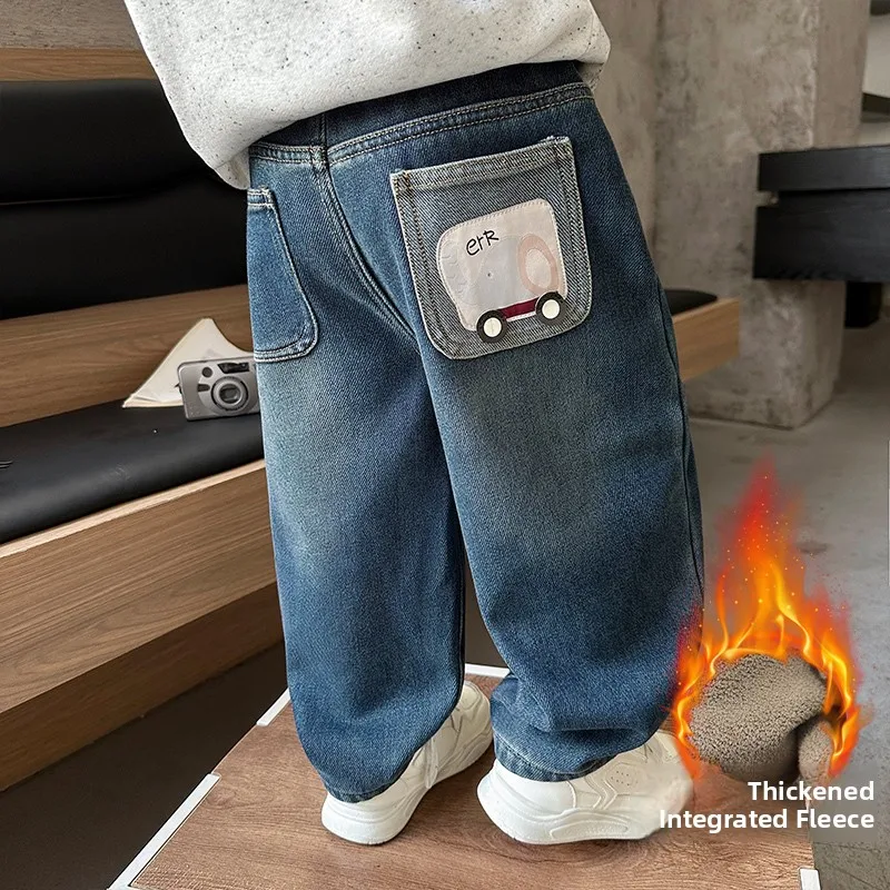

Thiened Fce Lined Winter Jeans for Boys Cartoon Car Pattern Casual All-Match Kids Jeans Straight Leg Loose Fit Jeans
