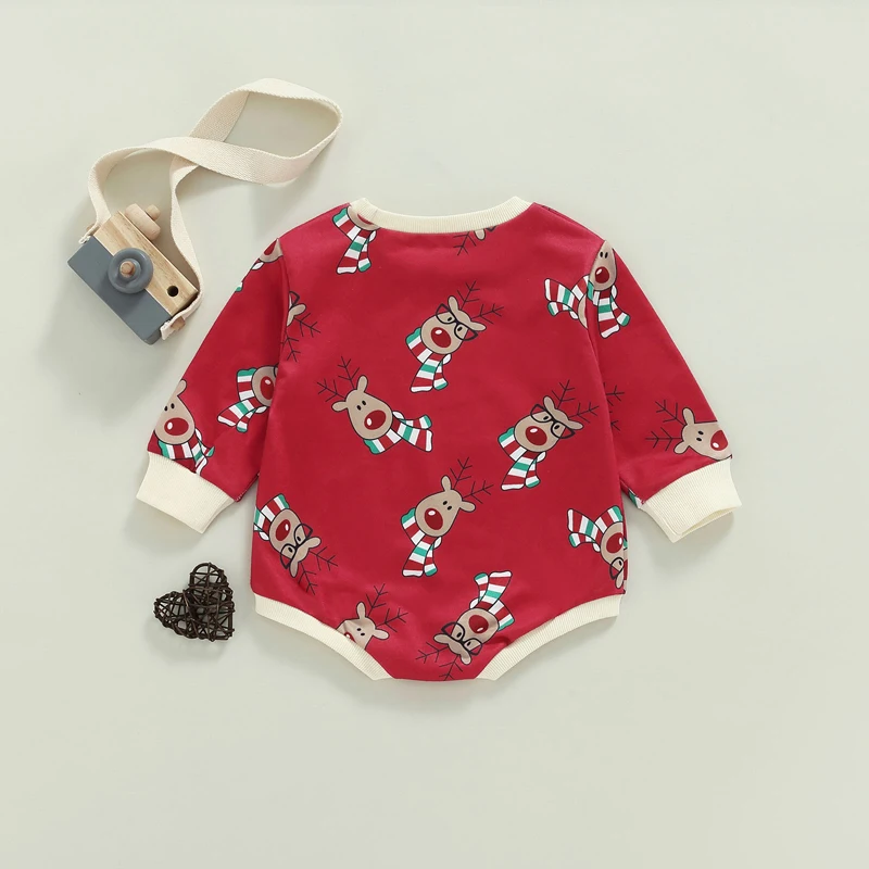 Christmas Toddler Jumpsuit Adorable Reindeer Patterned  with Long Sleeves and Round Neck for Infants