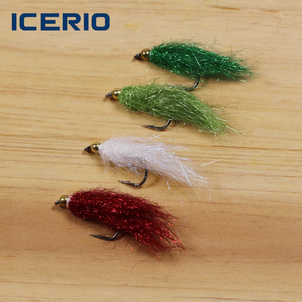 5Pcs Beadhead Ice Dub Streamer Flies #4 Brass Bead Head Flash Fiber Streamer Fly Lure for Trout Salmon Steelhead Fly Fishing