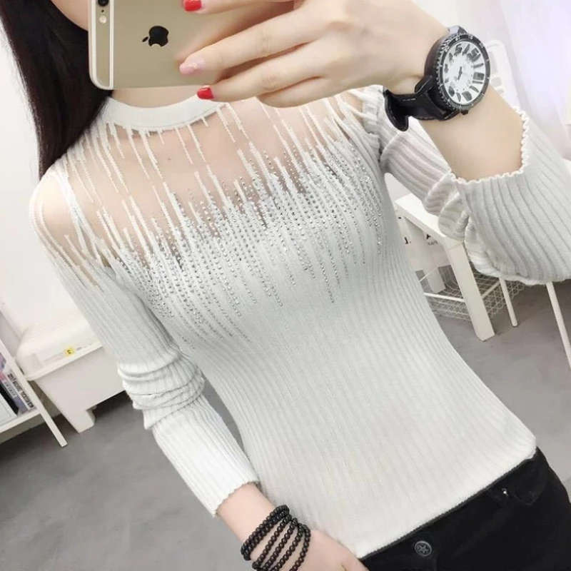Женские пуловеры со стразами, тренд по акции, осень-зима 2025, элегантный оригинальный женский вязаный свитер из сетки для работы