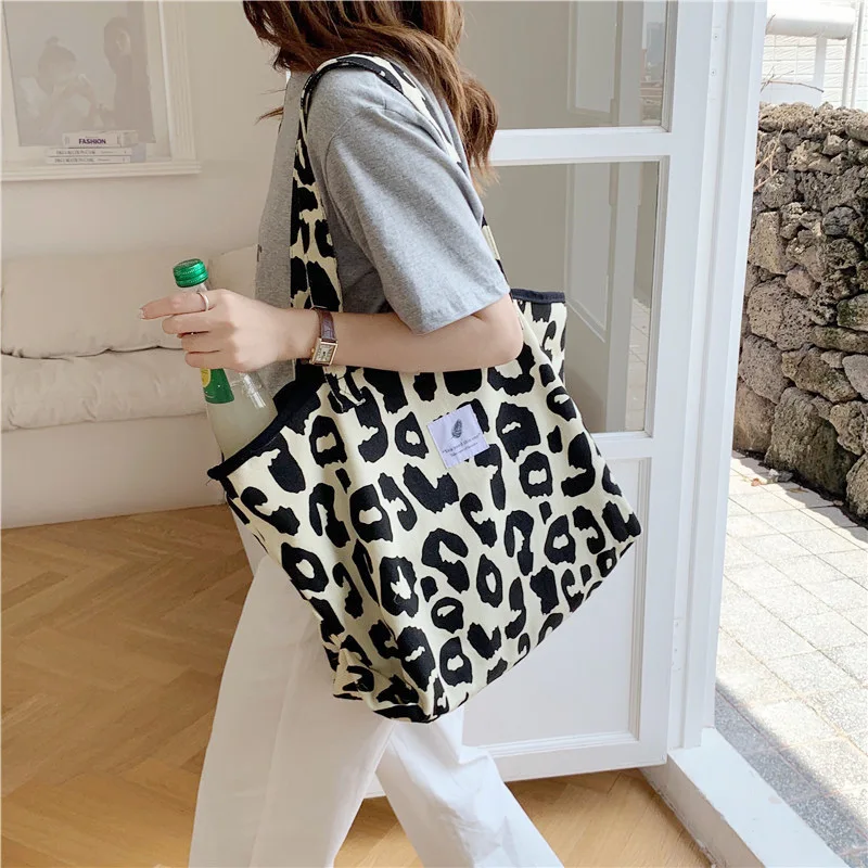 Large Capacity Casual Tote Bag Leopard Shoulder Bag Ladies Canvas Handbag Women\'s Travel Shopping Bag