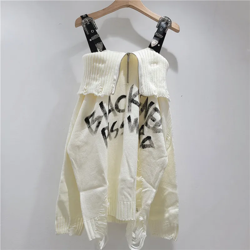 2025 Autumn New Women's Korean-Style Casual Sweater - Leather Shoulder Strap, Letter Print, Zipper Detail & Off-Shoulder Ripped
