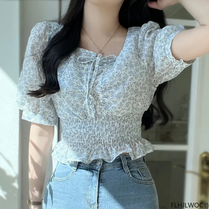 สไตล์ญี่ปุ่นสาวน่ารัก Ruffles เสื้อผู้หญิง2023 Flhjlwoc ออกแบบเกาหลีเก๋สั้น Peplum Bow Tie Tops Blusas