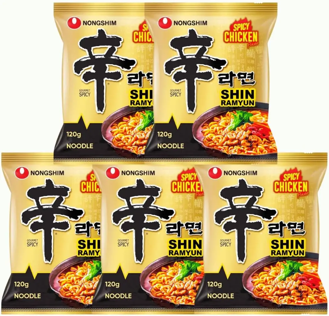 NONG SHIM, Spicy Chicken - flavored Shin Ramyun, Pack of 5, 120g per pack