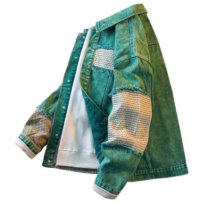 

Heavyweight Waed Patchwork Men's Denim Jaet Casual Spring Autumn American Vintage Design Leisure Coat Youth Faion