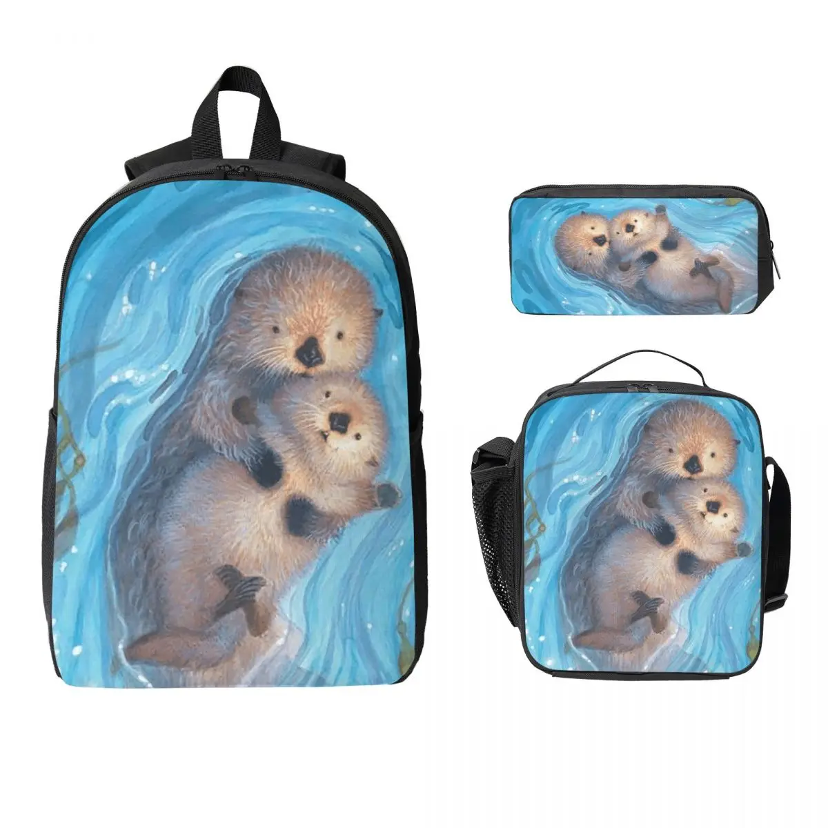 Otter Happily Playing In Water Backpack Student BookBag School Bag Laptop Shoulder Bags 3ps Insulated Lunch Bag Pencil Case