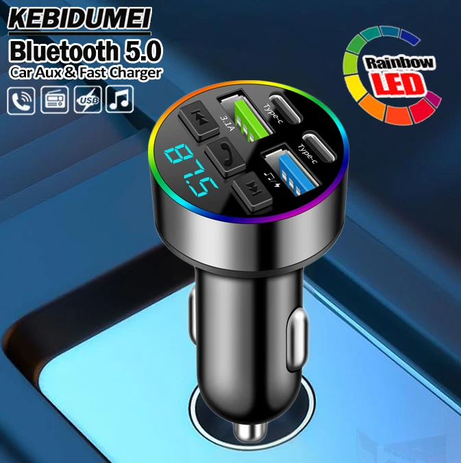 KEBIDUMEI 66W Fast Charge Bluetooth 5.0 FM Transmitter 4 Ports (Dual USB+Type-C) RGB Ambient Light Handsfree Car MP3 Player