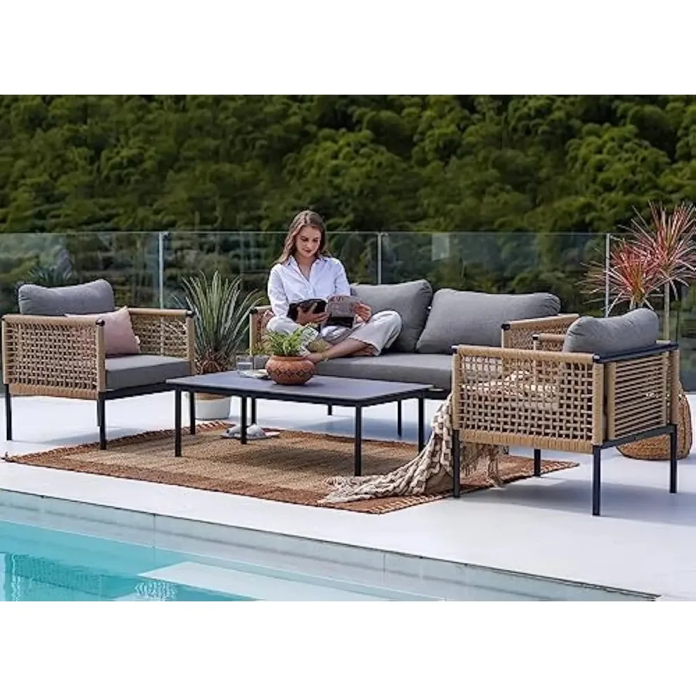 Outdoor 4-Piece Conversation Set Rust Free Patio Furniture Set Open-Weave Wicker Olefin Modern Sofa Seating for Garden, Gray