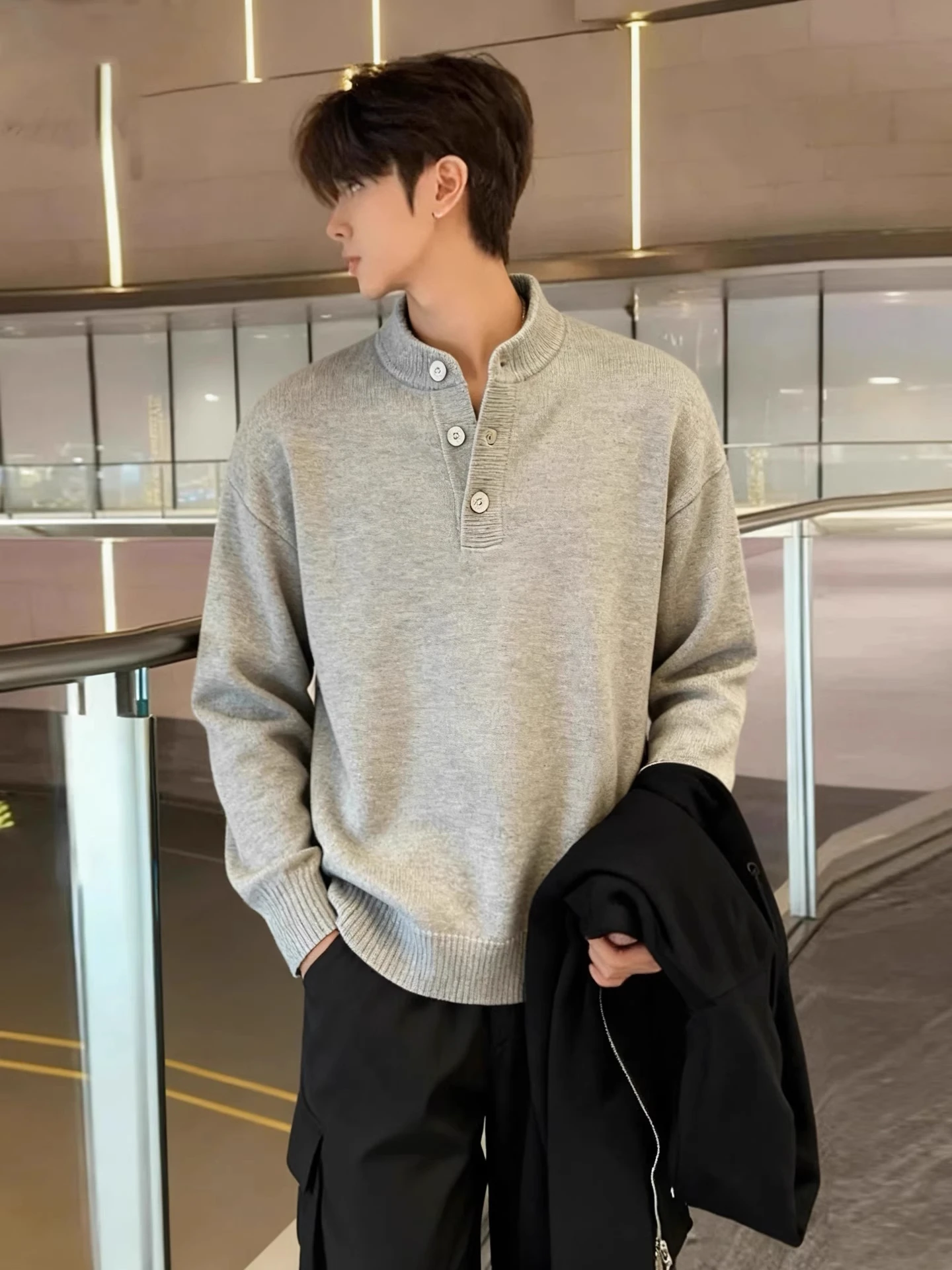 

Men's Knitted Long Sve irt Casual Sle Inner Wear Henry Collar Sweater Autumn Winter Loose Fit Polyester Fiber