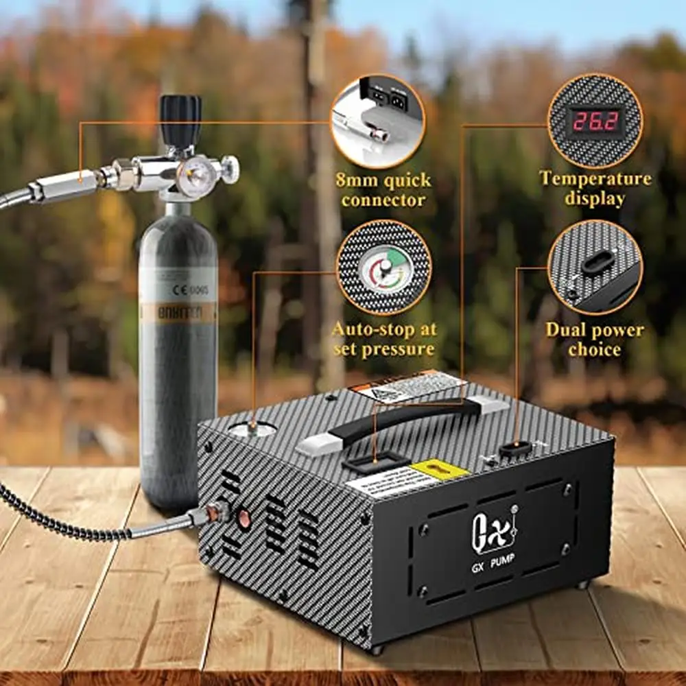 Electric PCP Air Compressor with Built-in Power Adapter Auto Stop Oil-Free 4500Psi/30Mpa 110V/220V/12V Powered Real-time