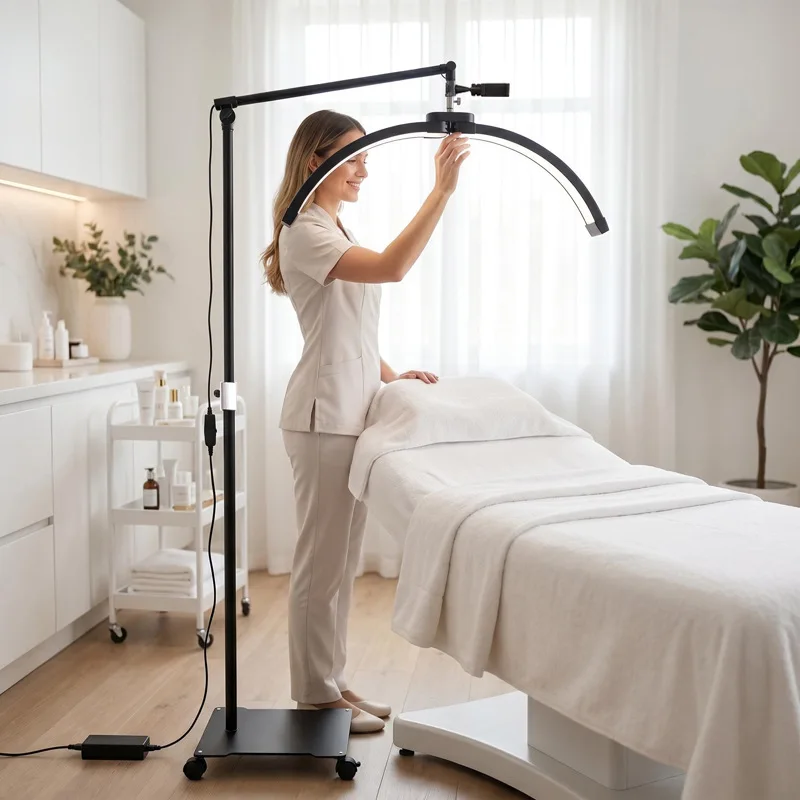 New Gold 28inch Foldable Cantilever Beauty Floor Lamp With Wheels Arc LED Dimming For Lash Brow Nail Salon Use