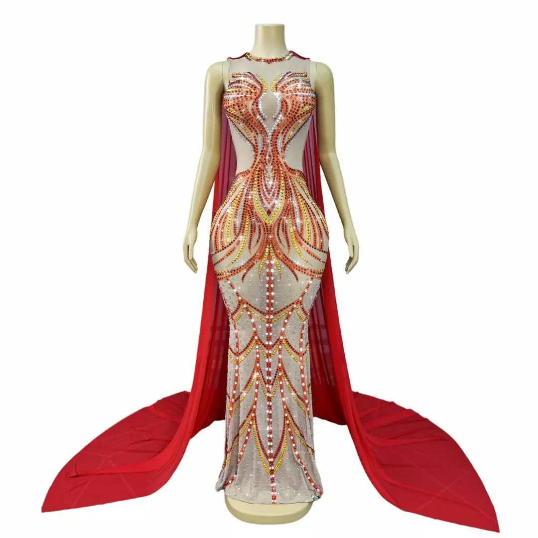 

Huoshaoyun Elegant Women Evening Dress with Cloak Red Printed Rhinestone Sexy See Through Mesh Dress Prom Brithday Cocktail Gown
