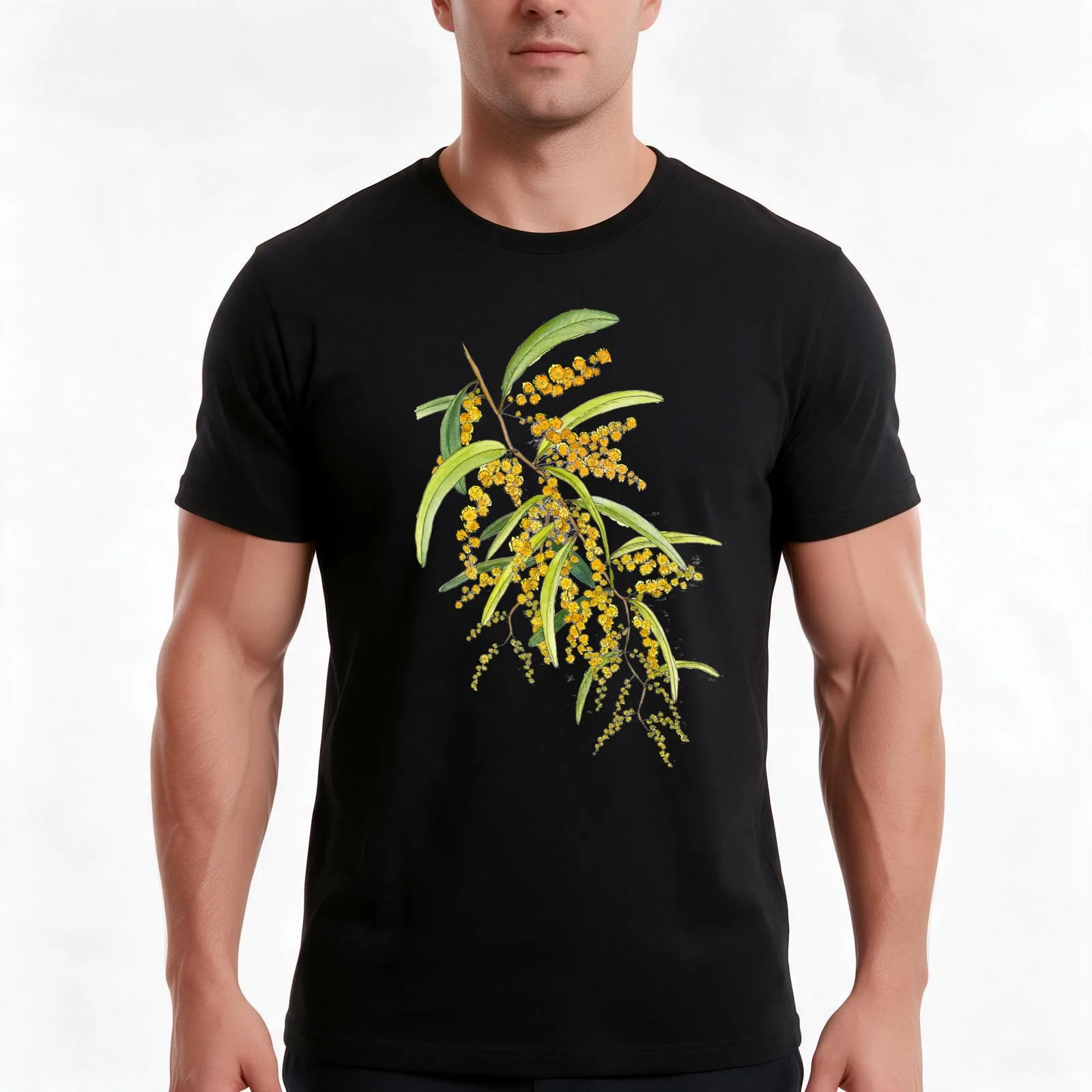 Australian Wattle Flower, Illustration T-Shirt, Summer Casual Cotton Tee, Oversized Streetwear Tops, Vintage Graphic Print