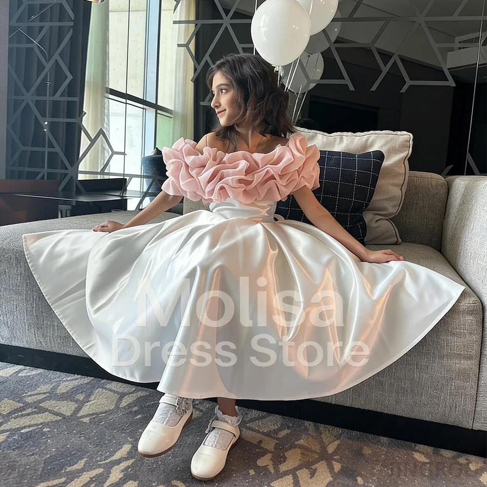 

Organza Flower Girl dresses Satin Dress for girls Long Birthday Dress Off-Shoulder Girl Princess Dress Cute Pink Kids' dresses