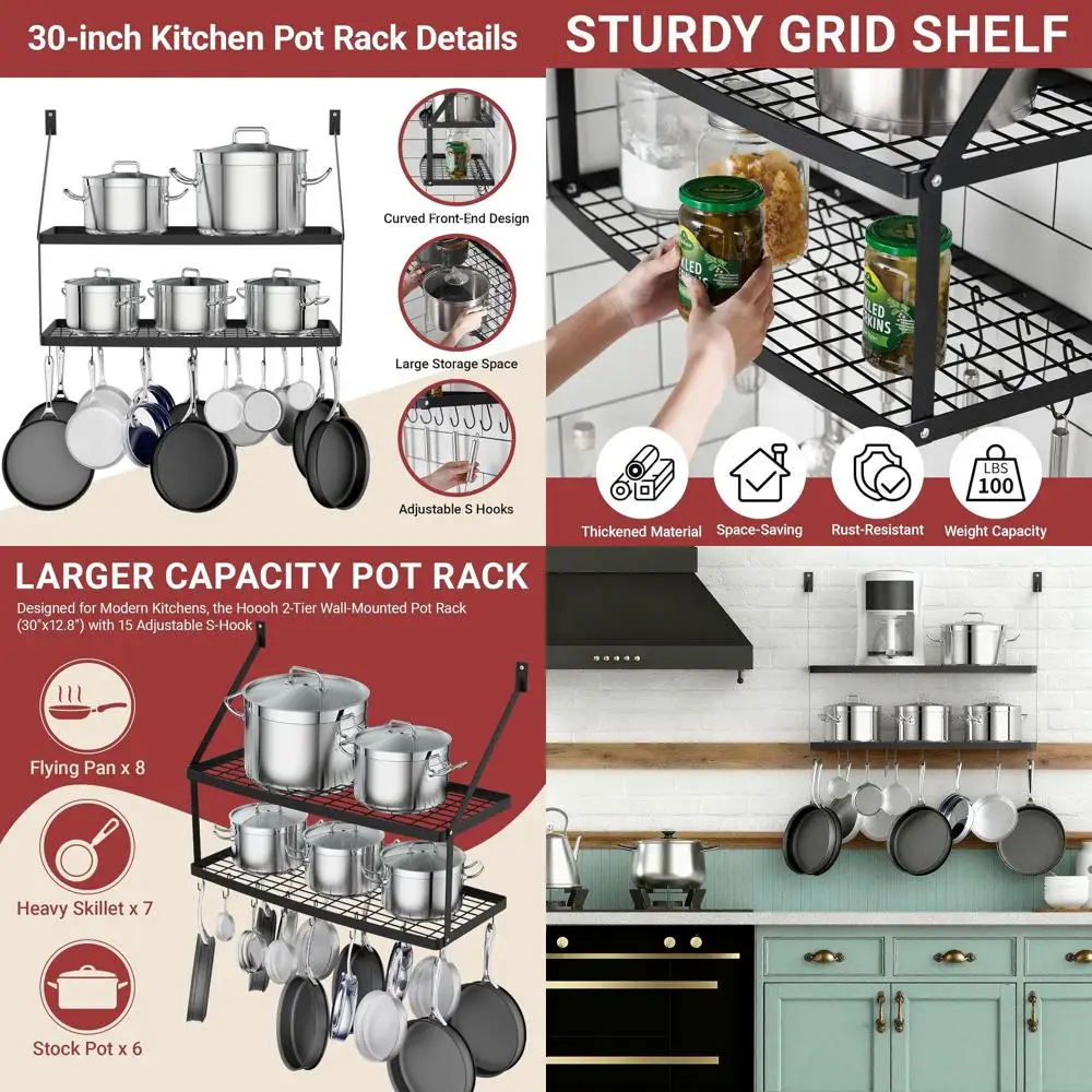 

30-Inch Matte Black Wall Pot Rack with 2 Shelves and 15 Hooks for Kitchen Storage