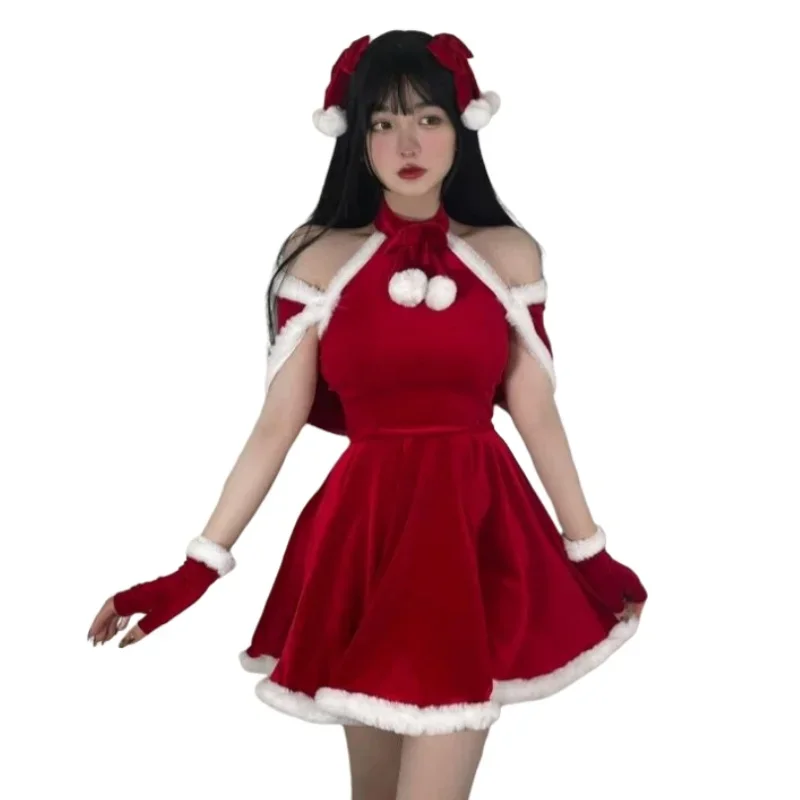 2024 New Christmas Clothing Santa Claus Dress Four Piece Set Cool and Hot Red Plush Hanging Neck Skirt Holiday Party Bunny Girl