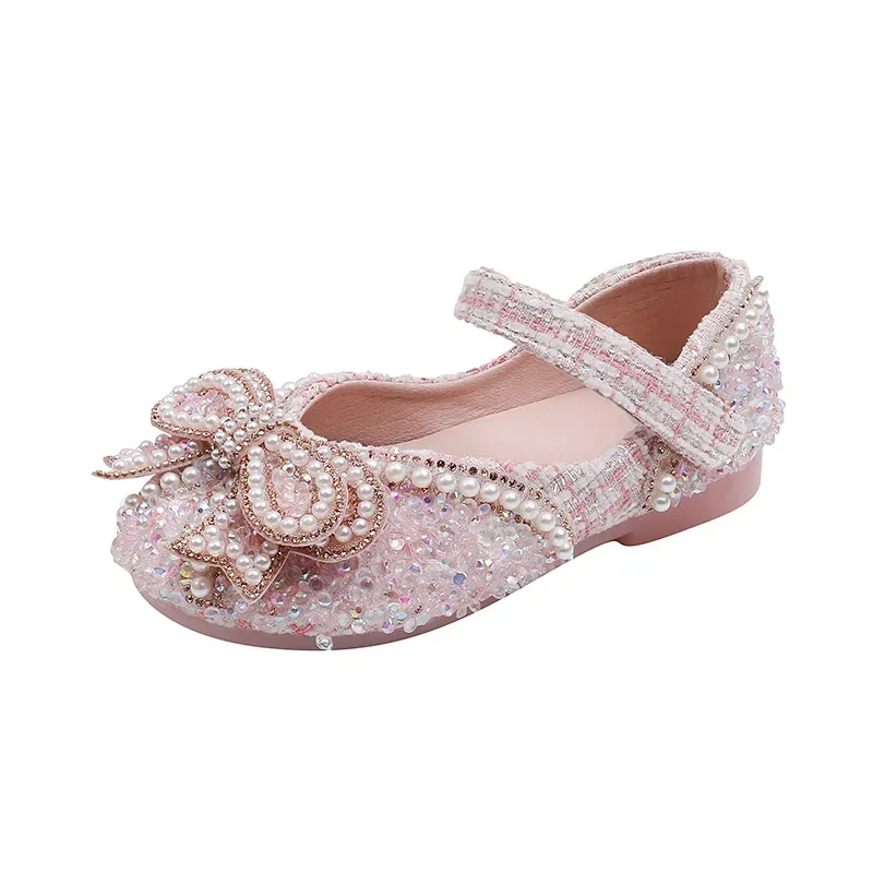 Zapatos individuales ostentosos para niña, calzado de cuero con purpurina de cristal para actuaciones en escenario, para boda zapatos planos, fiesta