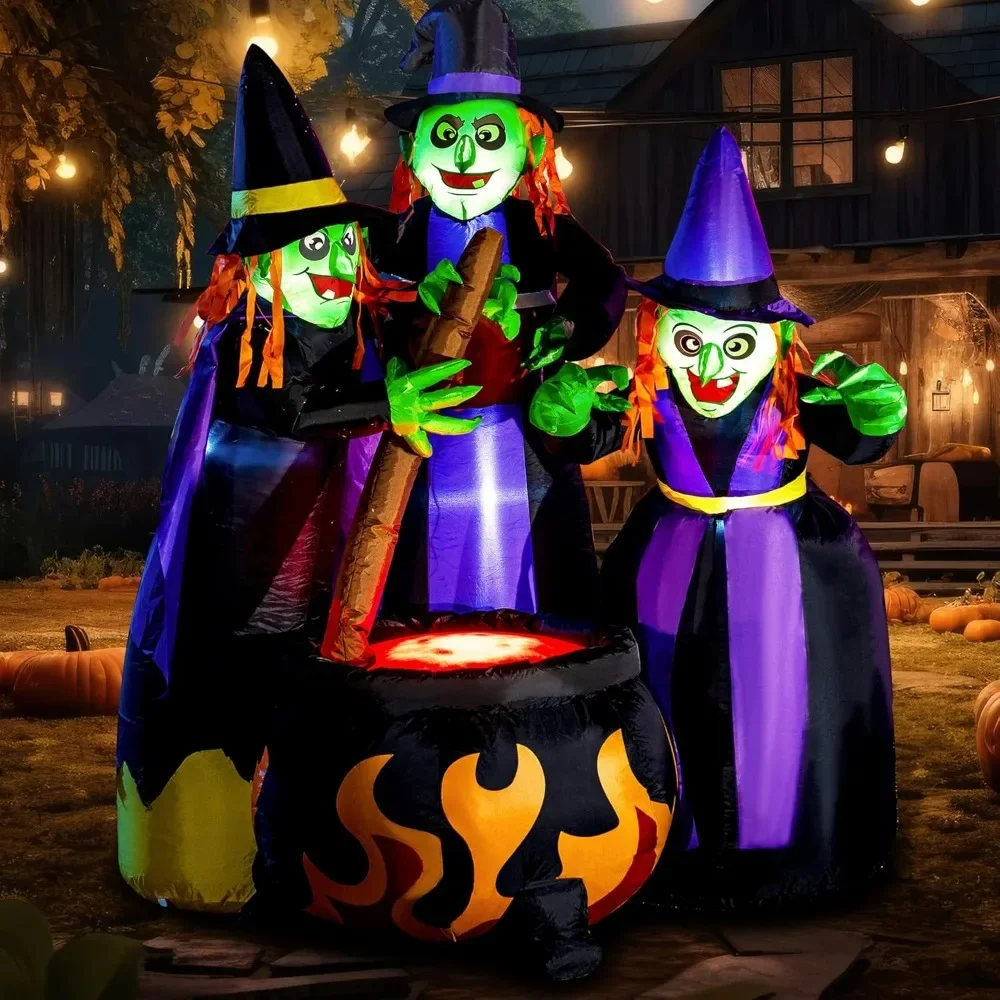 

Halloween Inflatables, Three Witch Around Cauldron with Flame Light Inflatable Decoration Blow Up Inflatables with Build-in LEDs