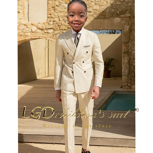 Imagen 1 del producto Traje Formal Beige de 2 piezas para niños, chaqueta y pantalones de doble botonadura personalizados elegantes para bodas, fiestas, vacaciones, informales